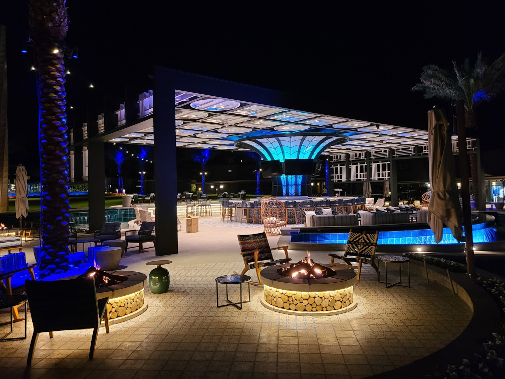 illuminated outdoor entertainment space