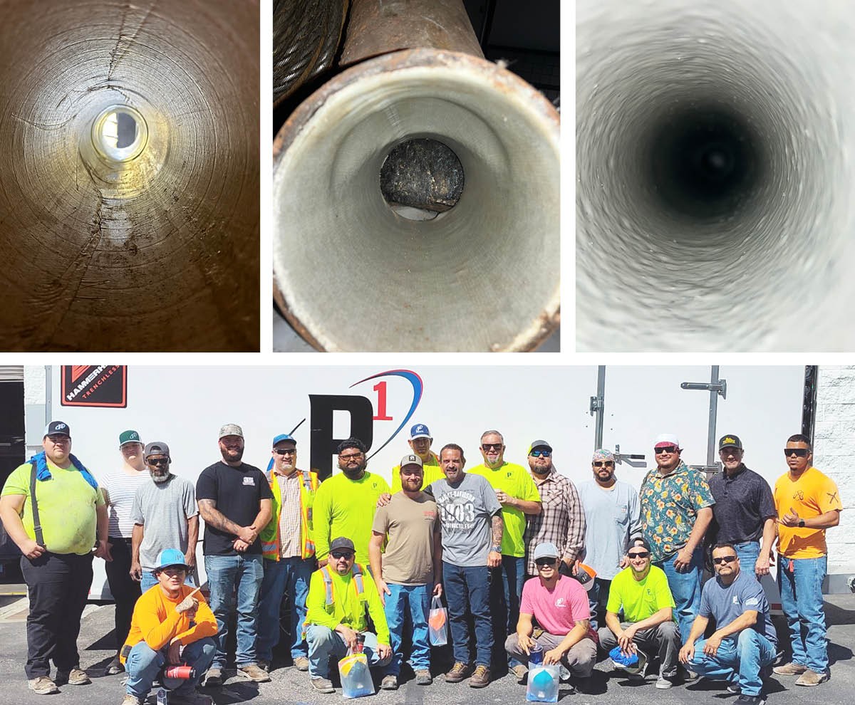 internal images of various pipe treated with trenchless and a group photo of the P1 Las Vegas team