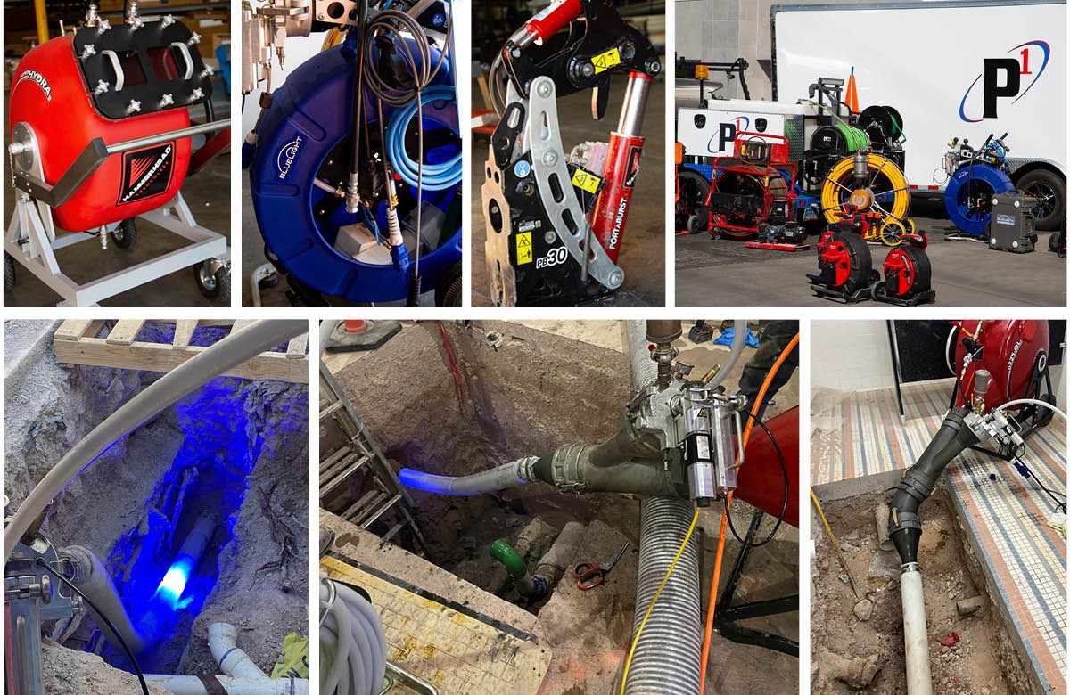 photos of equipment used in trenchless pipe construction including composite inversion drum, Bluelight LED for cured-in-place piping (CIPP), Portaburst for lateral bursting