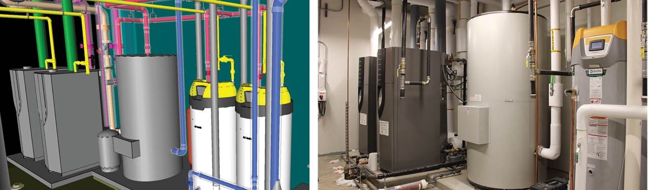 BIM drawing next to actual water heater and boiler equipment