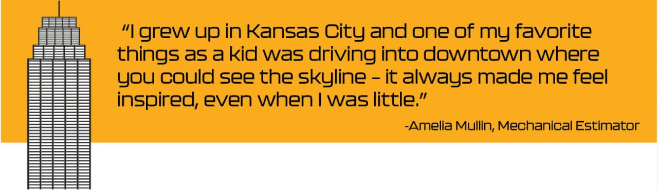 quote in a gold box about getting inspiration from the Kansas City skyline with graphic of a high-rise building