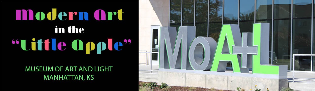 Large letter MoA+L signage at front of Museum of Art and Light in Manhattan, KS