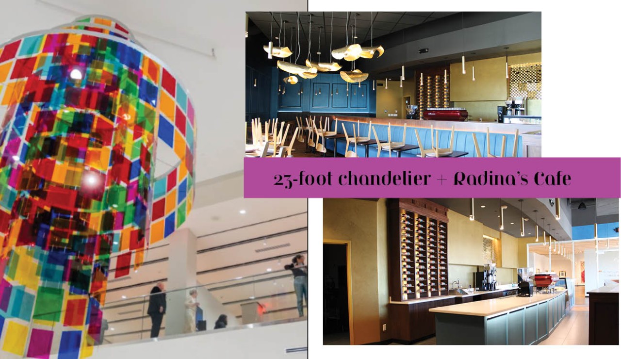 Museum of Art and Light photo collage including multi-colored chandelier and Radina's Cafe