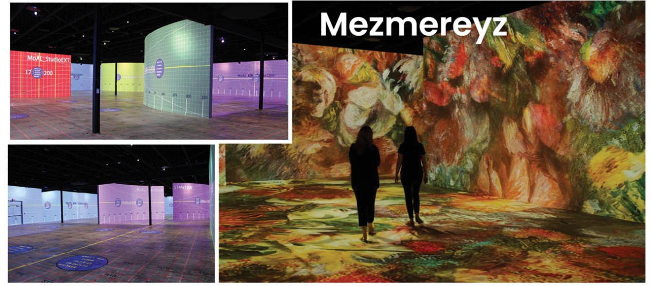 photos of the interactive exhibition space at Museum of Art and Light before and after artwork is projected into the space