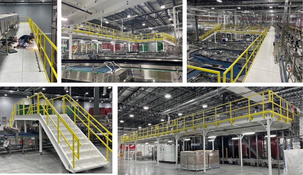 photo collage of large mezzanine built by P1 Millwrights for industrial bottling plant