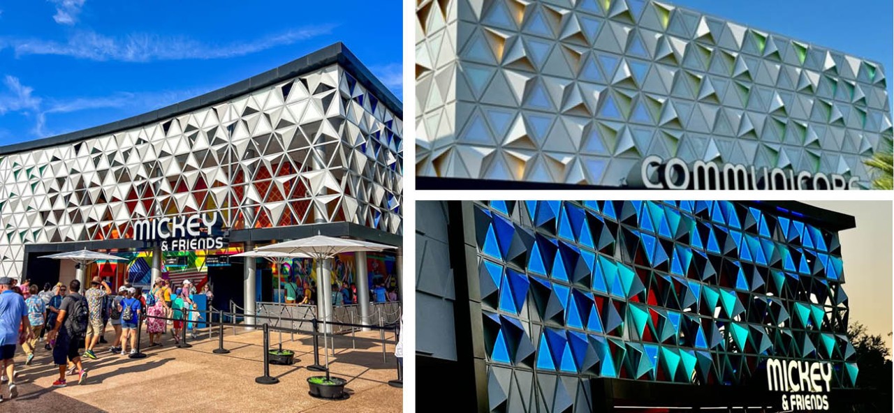 ComminiCore Hall Mickey and Friends building at Disney's Epcot architectural metal panels reflect light and color