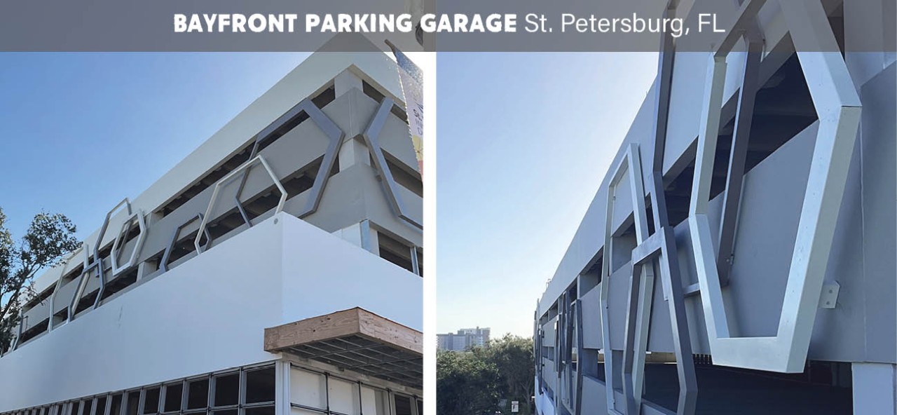 parking garage decorative architectural metal floating pentagon design at bayfront parking garage in st petersburg florida