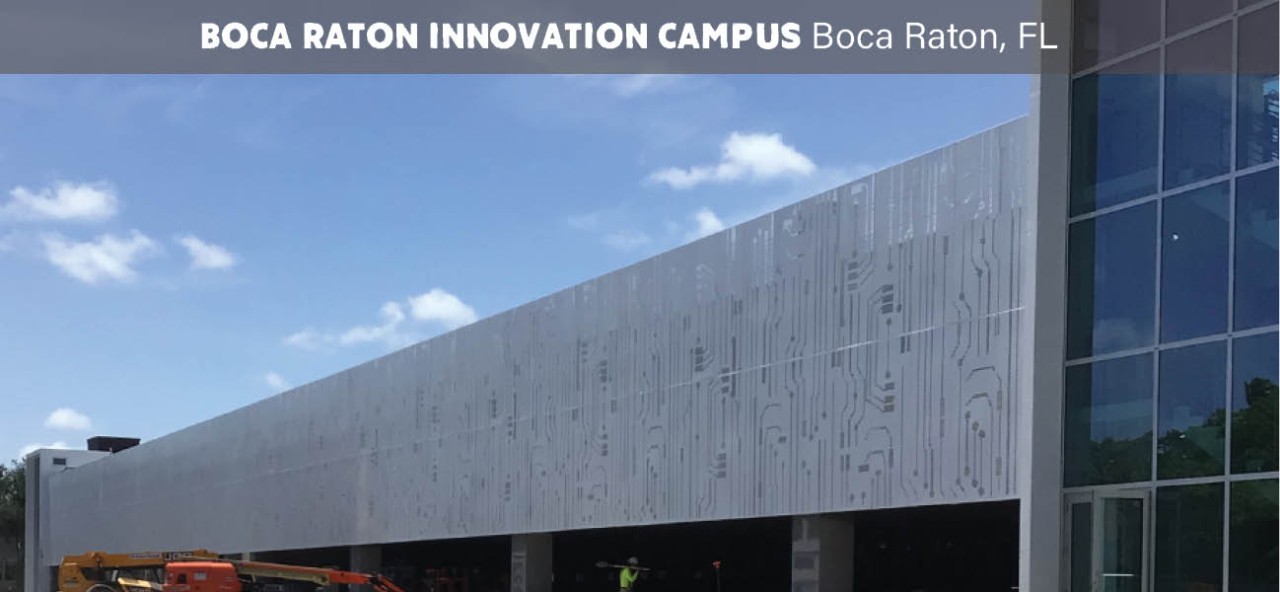 parking garage decorative architectural metal circuit board design at boca raton innovation campus