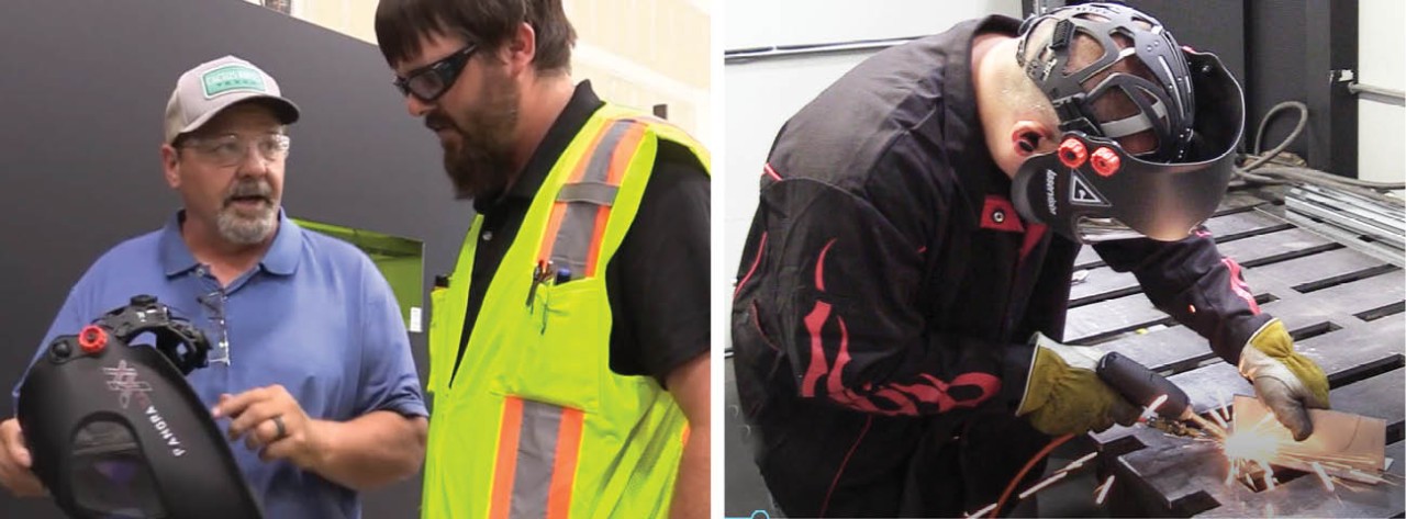 pictured right: architectural metal shop foreman bobby vestal discussing a laser safety face shield with safety specialist winston wycoff
