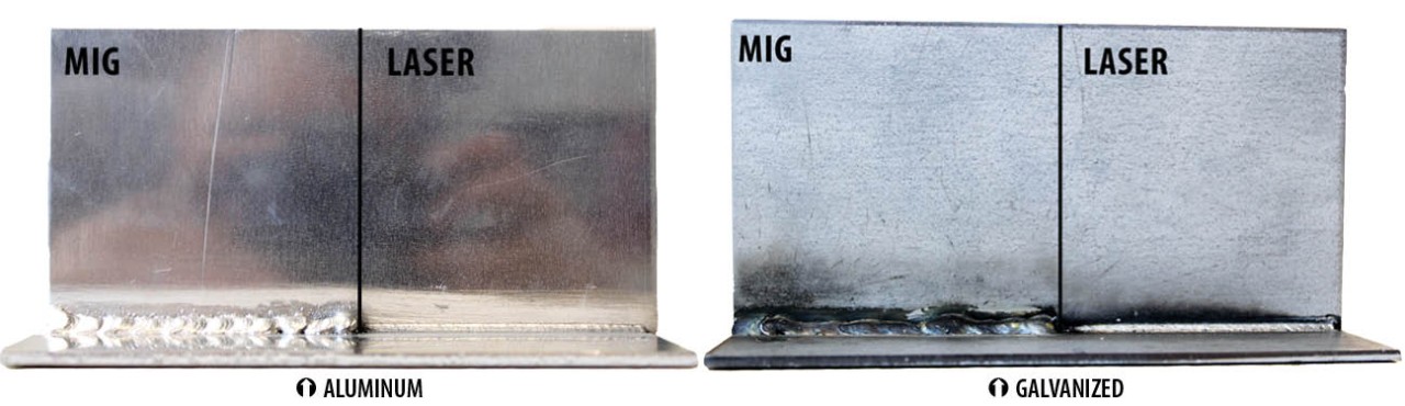 image of two welds side-by-side showing a knotty MIG weld versus the smooth laser weld of the new handheld laser on both aluminum and galvanized pieces