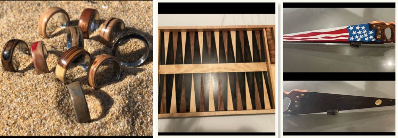 dan ott creations, including wood-inlaid rings, backgammon board, custom saw