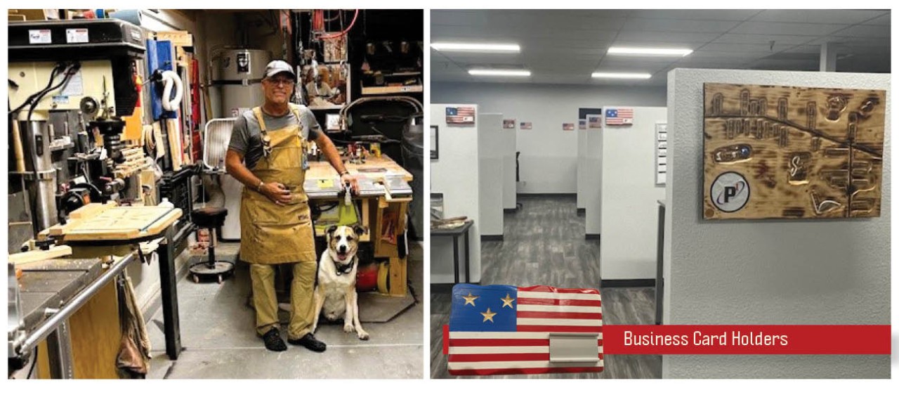 Dan Ott and dog Winston in his workshop (left side); cubicles featuring Dan Ott's American flag creations on the outside walls