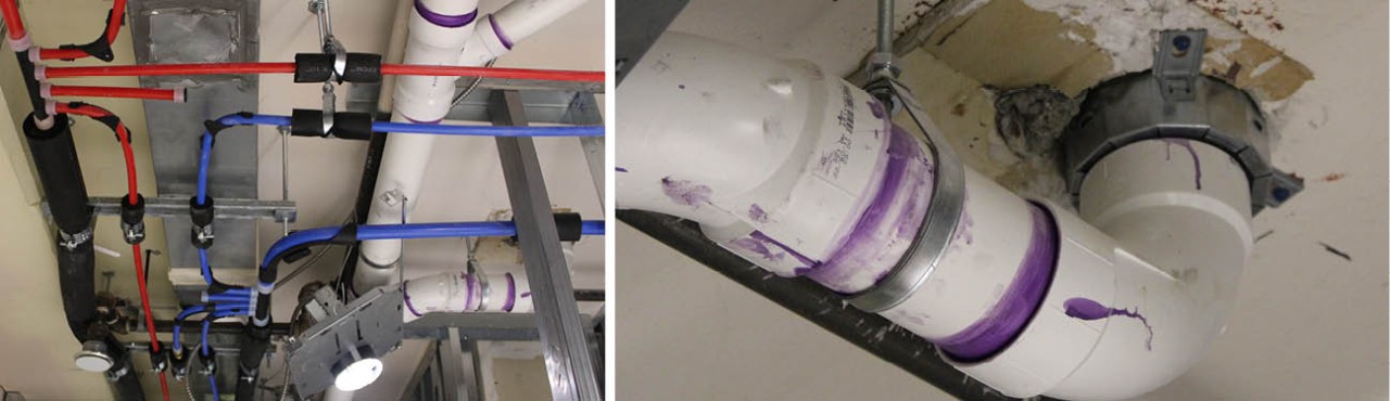 left image: PEX-a pipe installed in ceiling of unfinished dormitory lavatory; right image: hilti firestop collar on pvc pipe