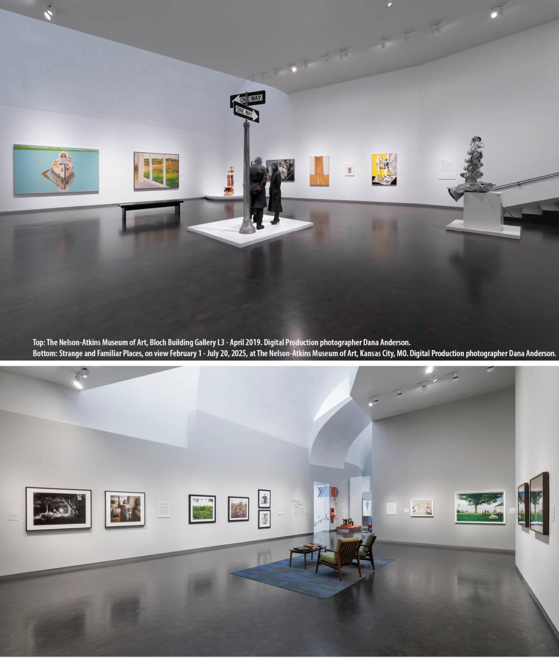 Photos of museum exhibits at the Bloch Building. Top photo: The Nelson-Atkins Museum of Art, Bloch Building Gallery L3 - April 2019. Digital Production photographer Dana Anderson. Bottom photo: Strange and Familiar Places, on view February 1 - July 20, 2025, at The Nelson-Atkins Museum of Art, Kansas City, MO. Digital Production photographer Dana Anderson.