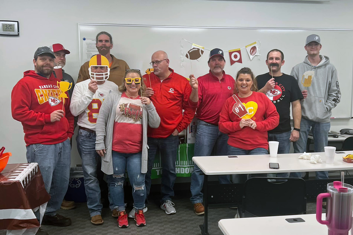 p1 construction team in chiefs gear